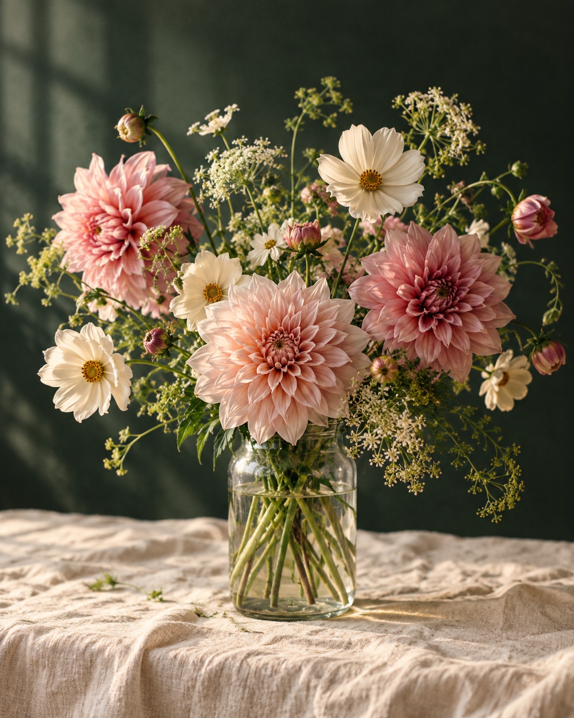 Illustrative study of pink dahlias and cream cosmos in a glass jar